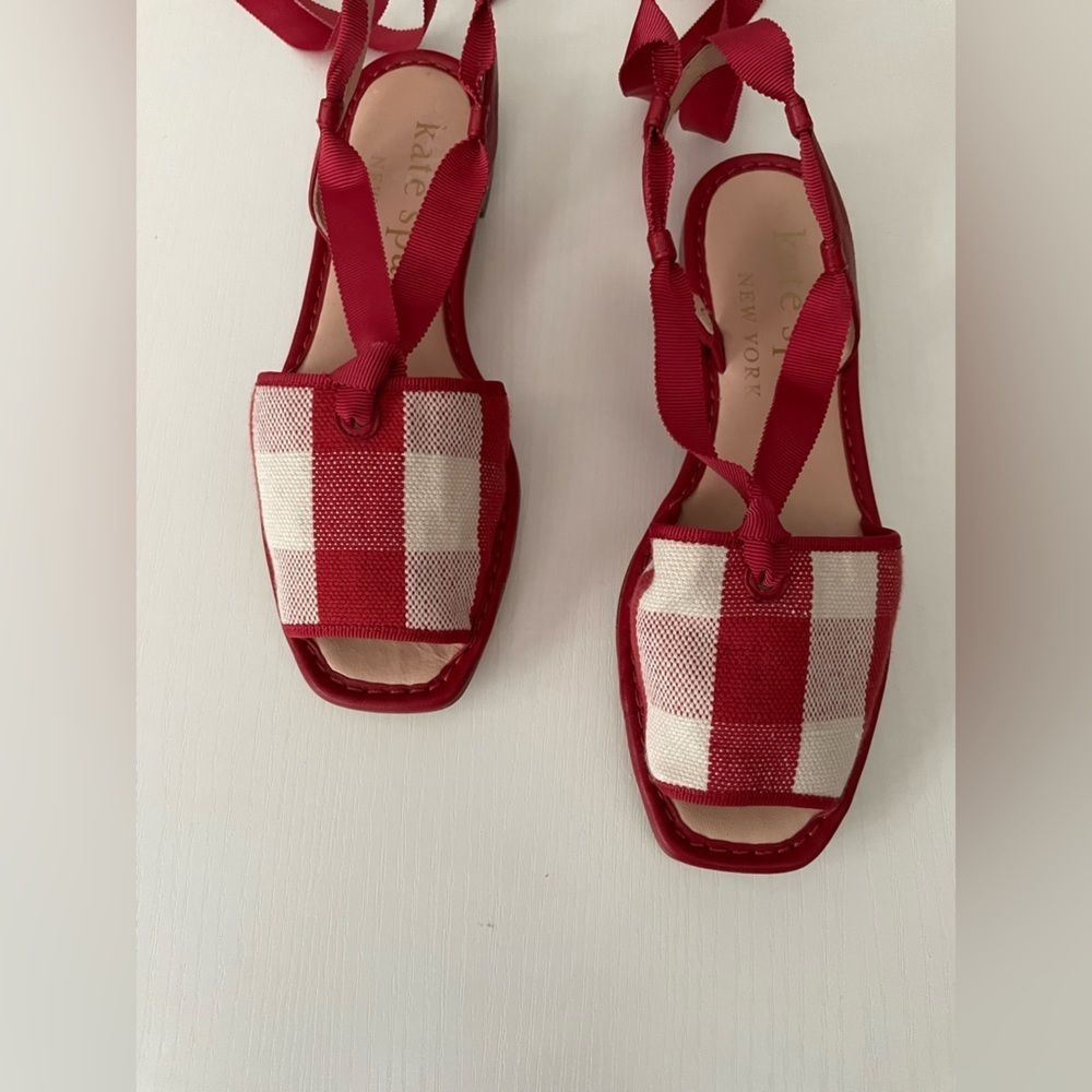 Kate Spade MAGGIE GINGHAM ANKLE WRAP FLAT SANDALS IN GINGHAM LAVA FALLS Red 6 - Picture 8 of 8